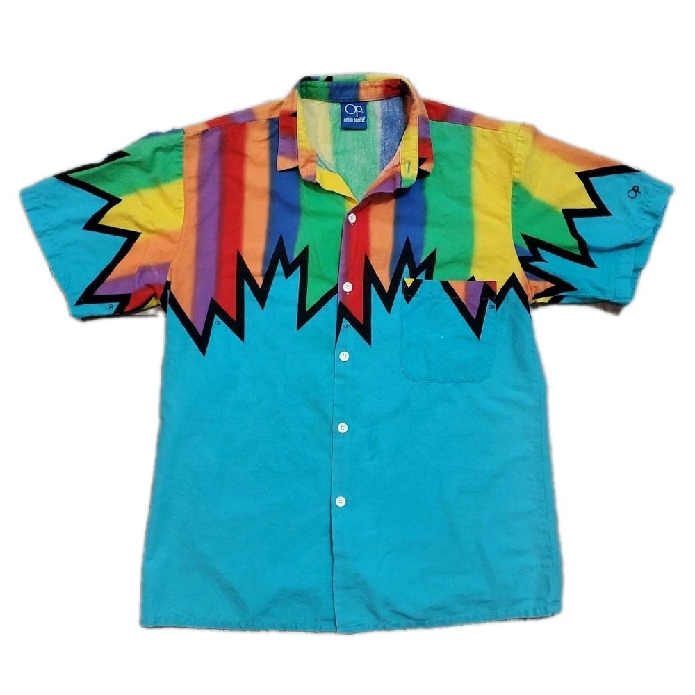 Vtg OP‎ Ocean Pacific Mens Button Shirt Medium Geometric Colorful Print Pride